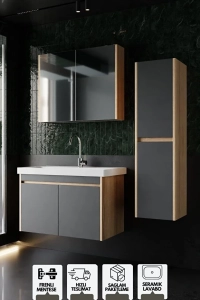 Dallas 80 Cm Lavabolu, Aynalı, Banyo Dolabı, Lavabo Dahil Boy Dolabı Dahil S.meşe-antrasit